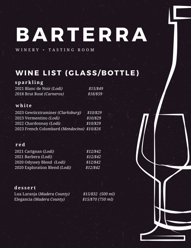 Barterra Glass and Bottle Menu